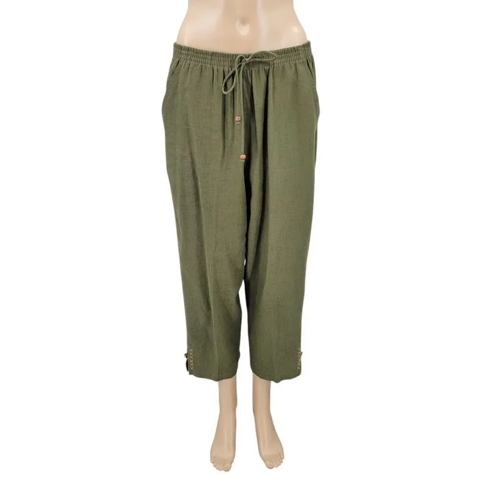 Stonebridge Vintage Green Linen Animal Print Safari Matching Set Blouse Trousers
